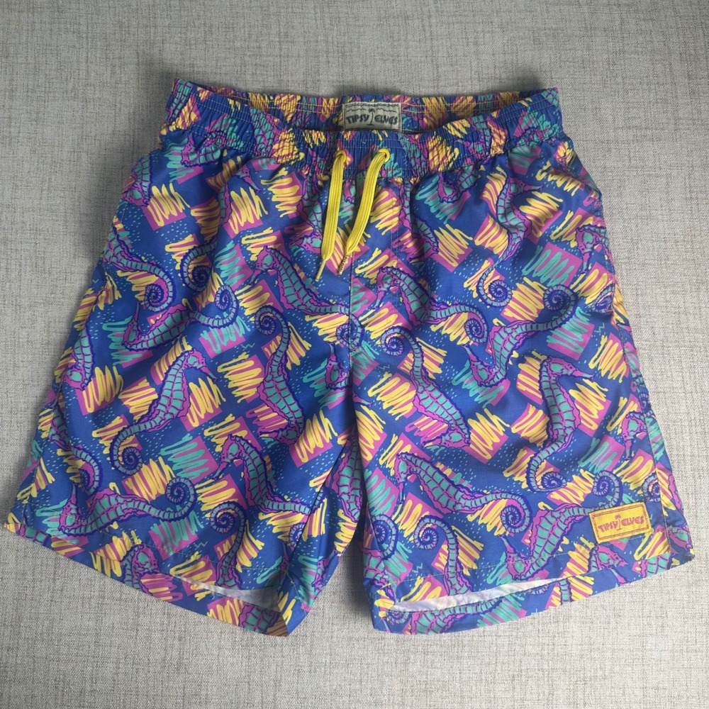 Tipsy Elves Mens M Swim Trunks Neon Seahorse Retro Print Mesh Lined Shorts